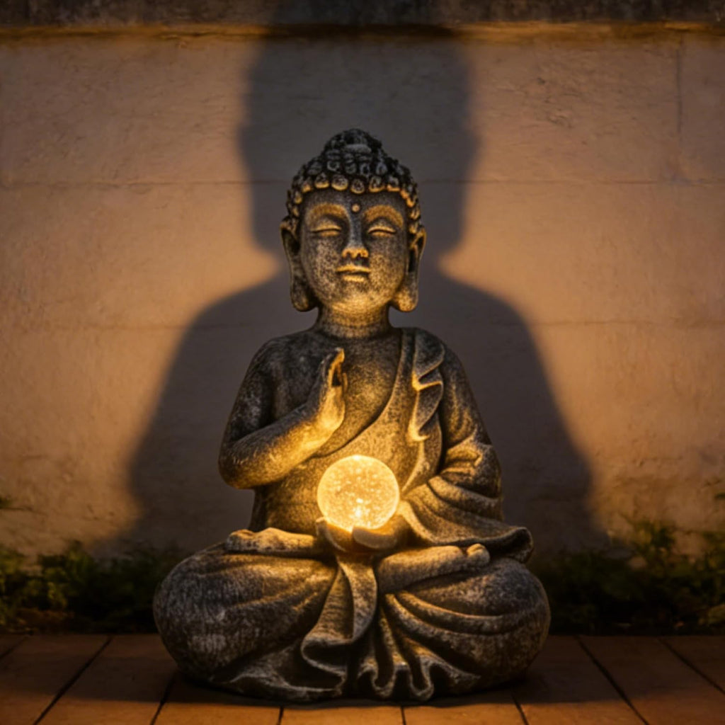 Sitting Meditating Buddha Statue with Solar Light - Weatherproof Outdoor Zen Garden Decor Sculpture - Peaceful Figurine for Patio, Yard, Balcony & Housewarming Gift