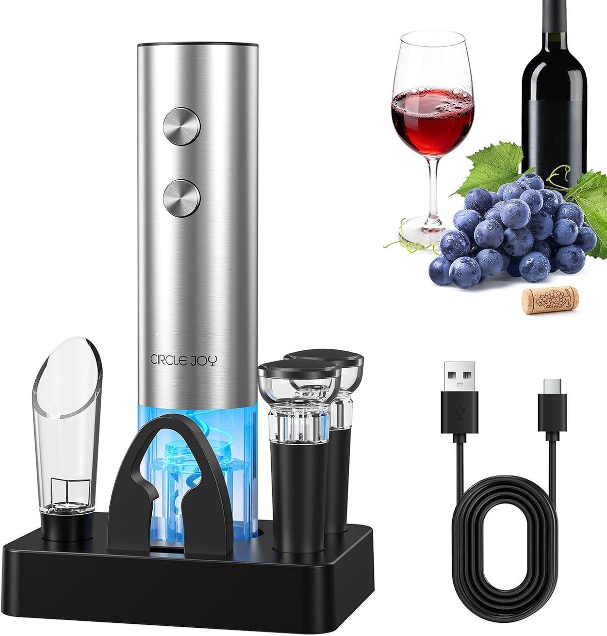 6-in-1 Rechargeable Electric Wine Opener Set – Cordless Automatic Corkscrew with Storage Base, Pourer & Vacuum Stoppers
