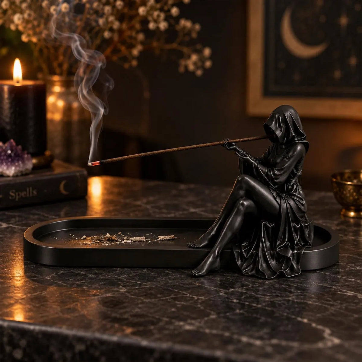 Gothic Witch Ash Catcher & Incense Burner – Spiritual Altar Accessory - Dark Academia & Halloween Decor for Incense Sticks, Meditation & Ritual Space