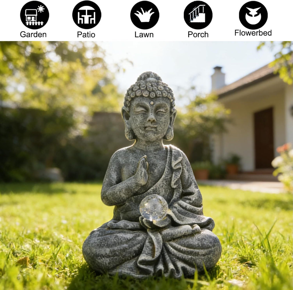 Sitting Meditating Buddha Statue with Solar Light - Weatherproof Outdoor Zen Garden Decor Sculpture - Peaceful Figurine for Patio, Yard, Balcony & Housewarming Gift