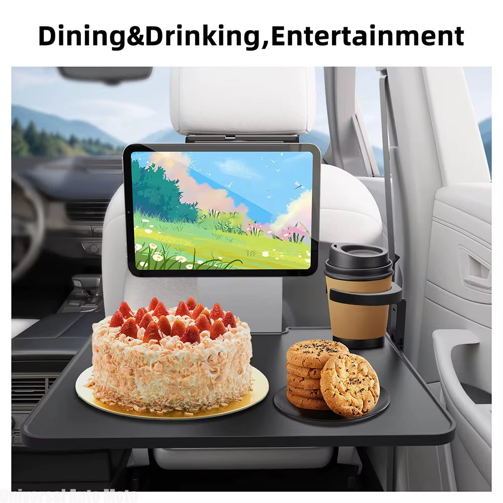 Foldable Car Back Seat Tray Table – Laptop Desk & Vehicle Headrest Bracket Workstation with Cup Holder & Magnetic Phone Mount – Portable Passenger Dining, Writing & Working Car Desk