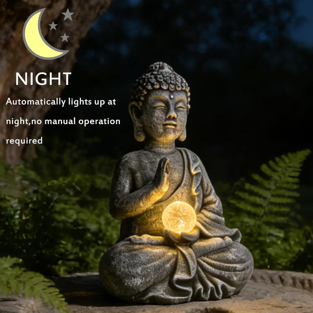 Sitting Meditating Buddha Statue with Solar Light - Weatherproof Outdoor Zen Garden Decor Sculpture - Peaceful Figurine for Patio, Yard, Balcony & Housewarming Gift