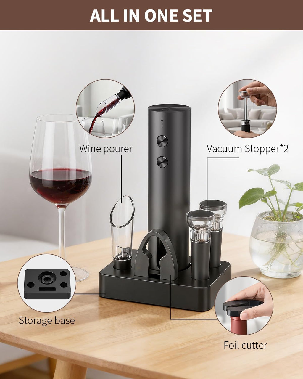 6-in-1 Rechargeable Electric Wine Opener Set – Cordless Automatic Corkscrew with Storage Base, Pourer & Vacuum Stoppers