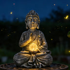 Sitting Meditating Buddha Statue with Solar Light - Weatherproof Outdoor Zen Garden Decor Sculpture - Peaceful Figurine for Patio, Yard, Balcony & Housewarming Gift