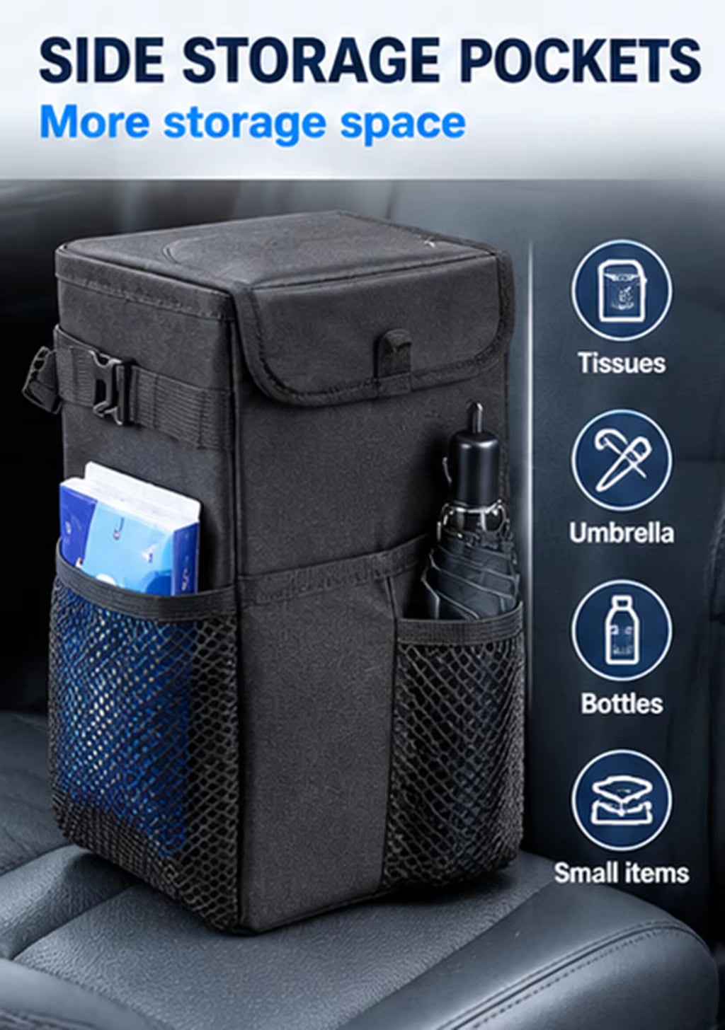 Waterproof Car Trash Can & Storage Bag - Portable Removable Vehicle Garbage Bin with Hanging Strap & Storage Pockets – Car Accessories & Road Trip Gift for Drivers