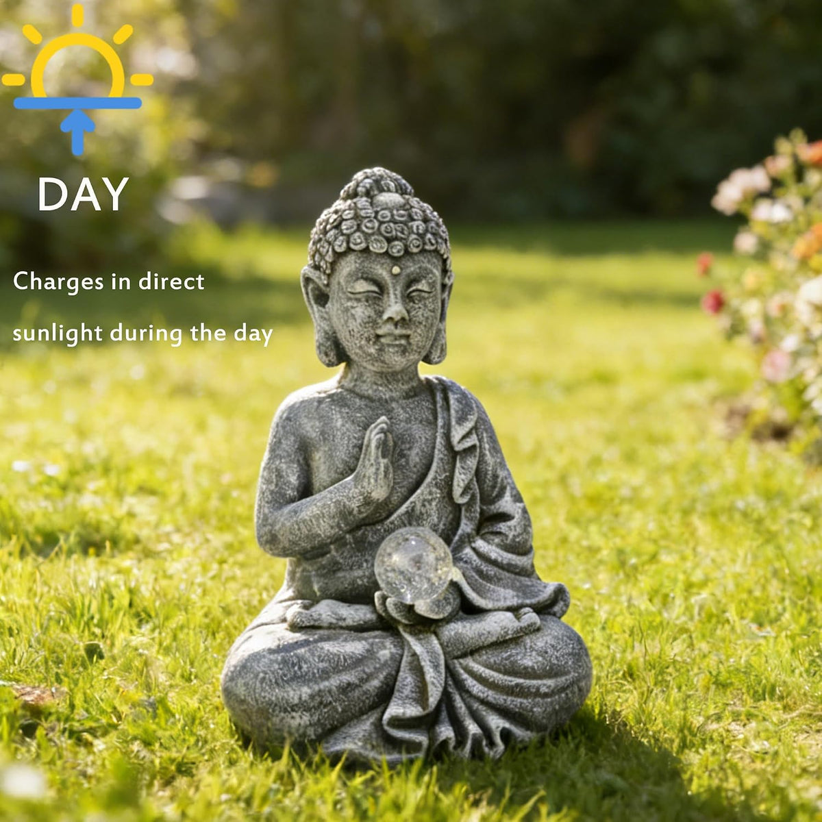 Sitting Meditating Buddha Statue with Solar Light - Weatherproof Outdoor Zen Garden Decor Sculpture - Peaceful Figurine for Patio, Yard, Balcony & Housewarming Gift