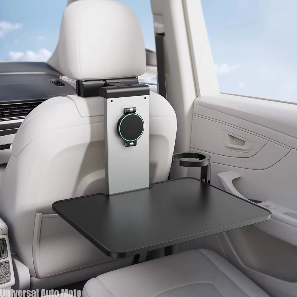 Foldable Car Back Seat Tray Table – Laptop Desk & Vehicle Headrest Bracket Workstation with Cup Holder & Magnetic Phone Mount – Portable Passenger Dining, Writing & Working Car Desk