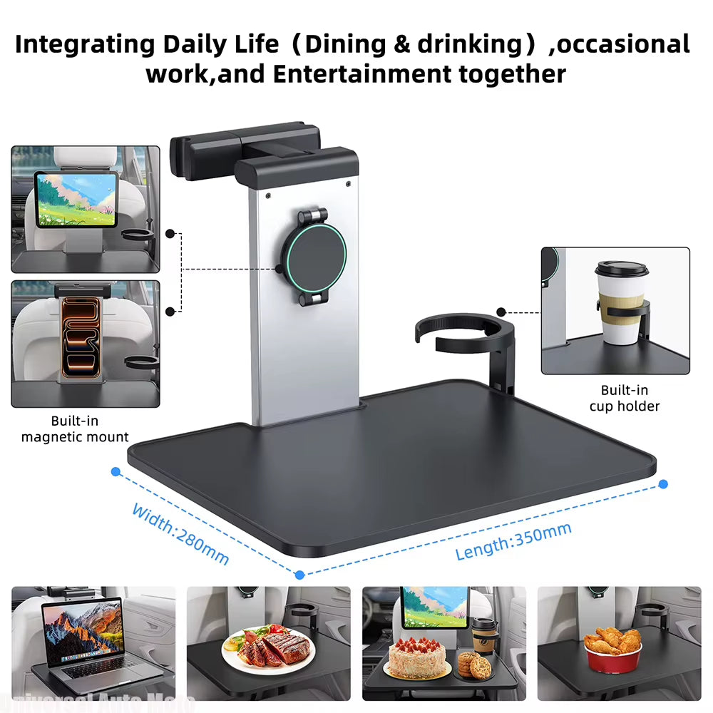 Foldable Car Back Seat Tray Table – Laptop Desk & Vehicle Headrest Bracket Workstation with Cup Holder & Magnetic Phone Mount – Portable Passenger Dining, Writing & Working Car Desk