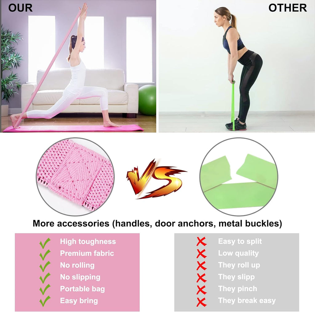 Fabric Long Resistance Bands Set of 10 with Handles & Door Anchor - Premium Non-Slip Fabric Exercise Bands for Full Body & Pull-Up Support