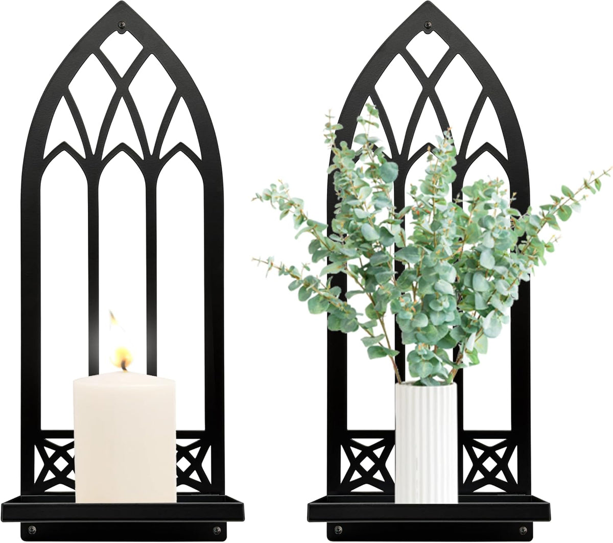 Metal Gothic Wall Sconces Set of Two – Black Iron Gothic Candle Holder Set – Decorative Wall Mounted Pillar & Taper Candle Holder Sconces for Gothic Home Decor, Living Room & Bedroom