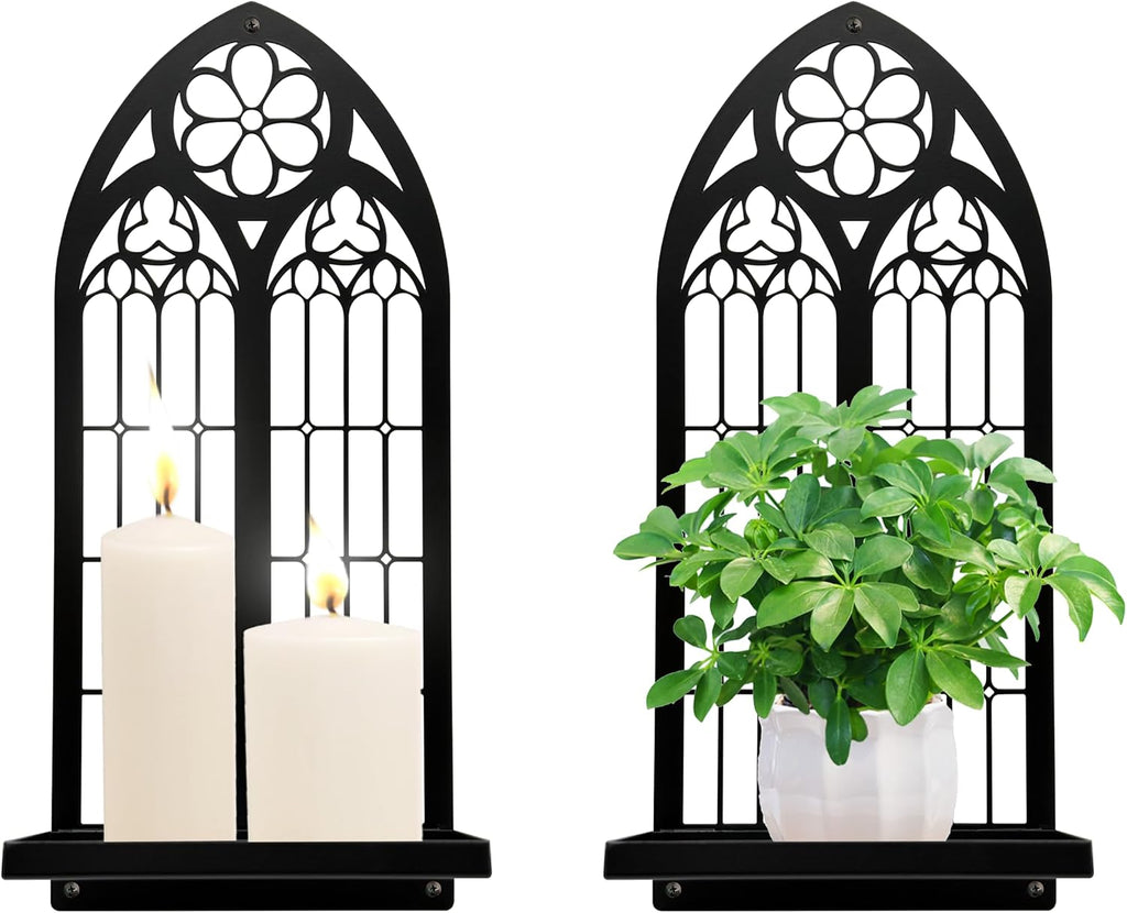 Metal Gothic Wall Sconces Set of Two – Black Iron Gothic Candle Holder Set – Decorative Wall Mounted Pillar & Taper Candle Holder Sconces for Gothic Home Decor, Living Room & Bedroom