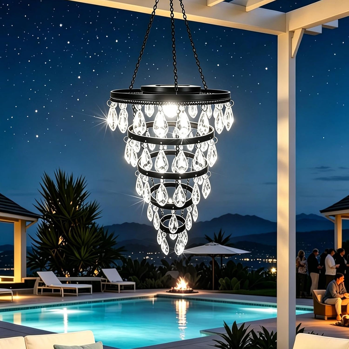 Hanging Solar Chandelier Light Outdoor Waterproof – LED Solar Pendant Light – Decorative Hanging Overhead Solar Lamp for Gazebo, Pergola, Patio, Porch & Garden
