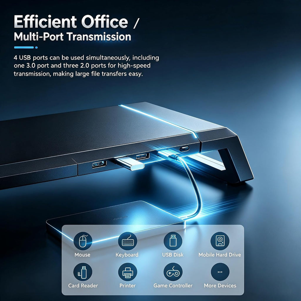 Adjustable RGB Monitor Stand – Ergonomic Desk Riser with Built-In USB Hub & Storage Drawer