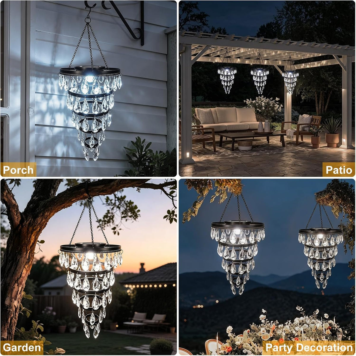 Hanging Solar Chandelier Light Outdoor Waterproof – LED Solar Pendant Light – Decorative Hanging Overhead Solar Lamp for Gazebo, Pergola, Patio, Porch & Garden