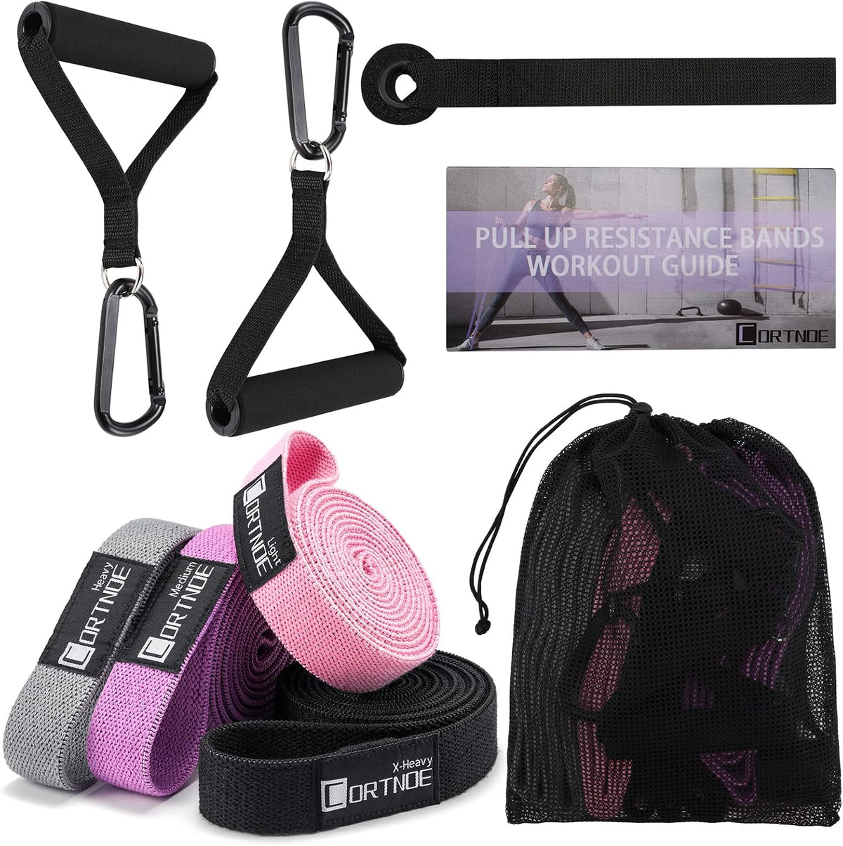 Fabric Long Resistance Bands Set of 10 with Handles & Door Anchor - Premium Non-Slip Fabric Exercise Bands for Full Body & Pull-Up Support