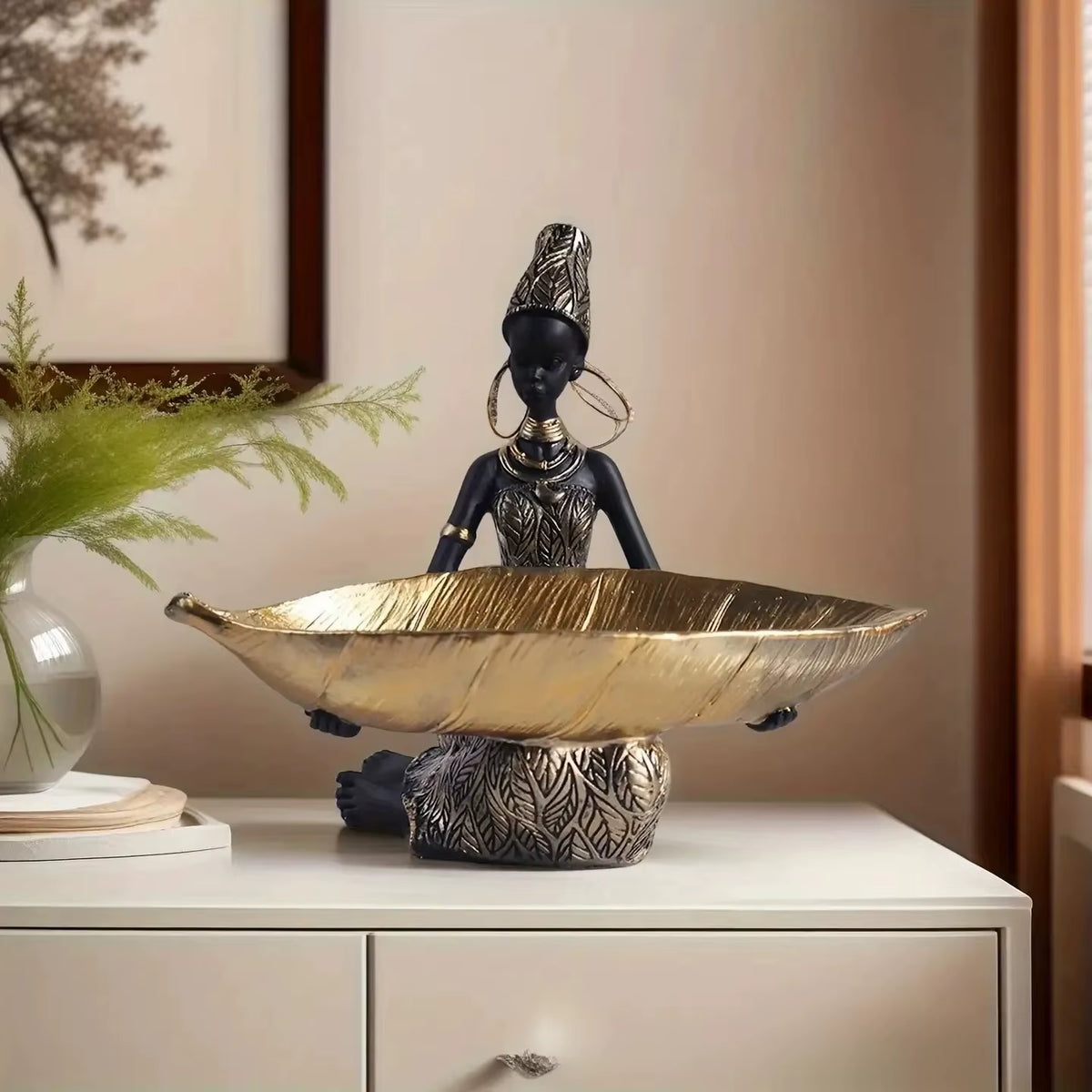 African Girl Holding a Plate Sculpture – Home and Office Decorative Storage Ornament – Vintage Collectible Craft Desk Decor Key Tray & Jewelry Holder Resin Figurine