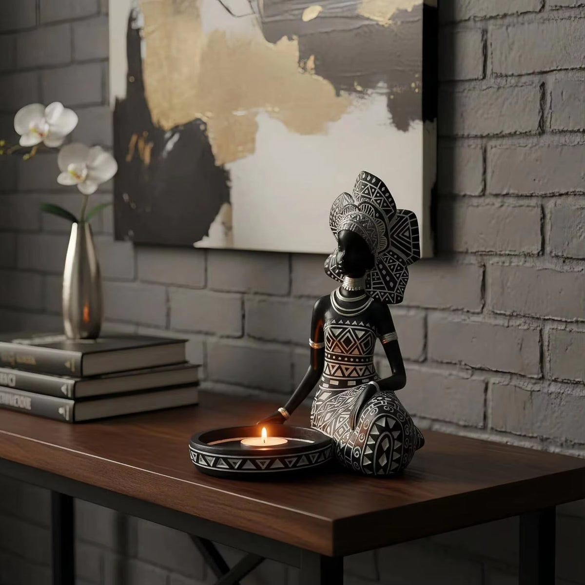 African Woman Candle Holder Statue – Ethnic Style Candlestick Sculpture – Resin Tribal Figurine Tabletop Centerpiece & Desktop Decor Art Craft Gift for Living Room & Home Accent