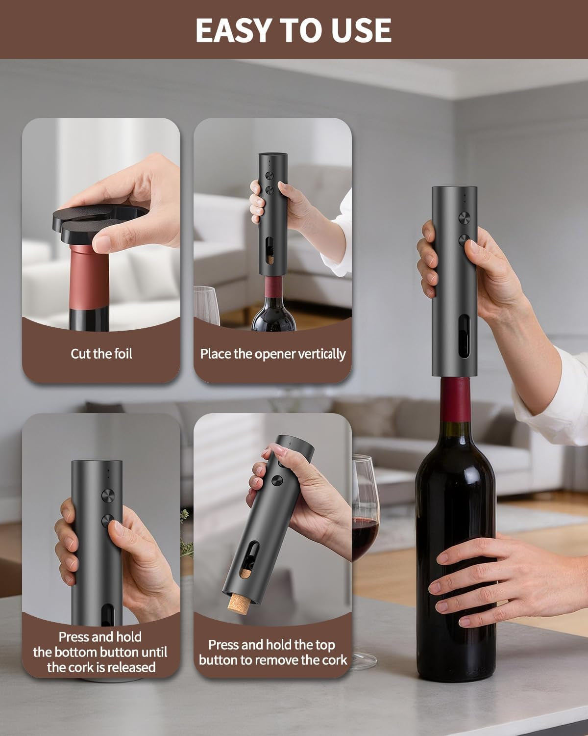 6-in-1 Rechargeable Electric Wine Opener Set – Cordless Automatic Corkscrew with Storage Base, Pourer & Vacuum Stoppers