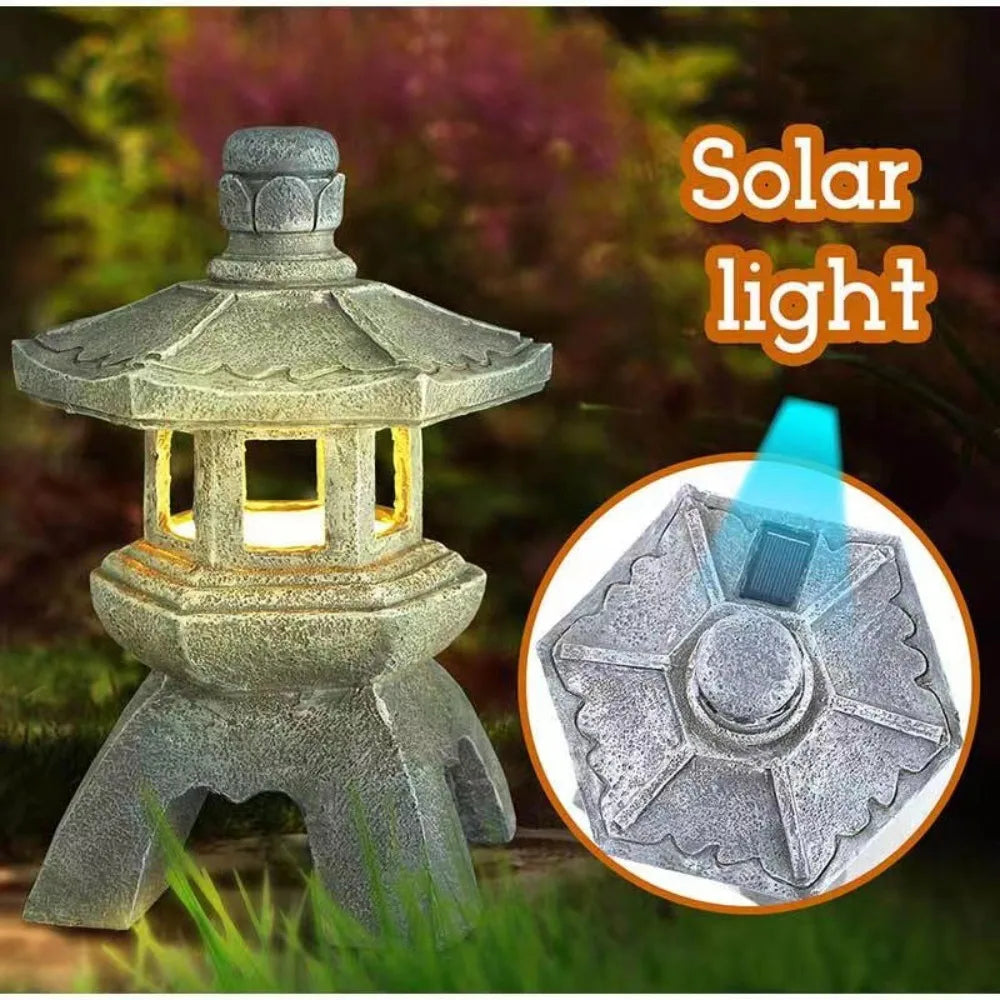 Solar Powered Oriental Stone Pagoda Lantern Light – Zen Palace Sculpture Garden Statue – Weatherproof Outdoor Resin Tower Lamp Ornament for Patio, Lawn, Pathway & Yard