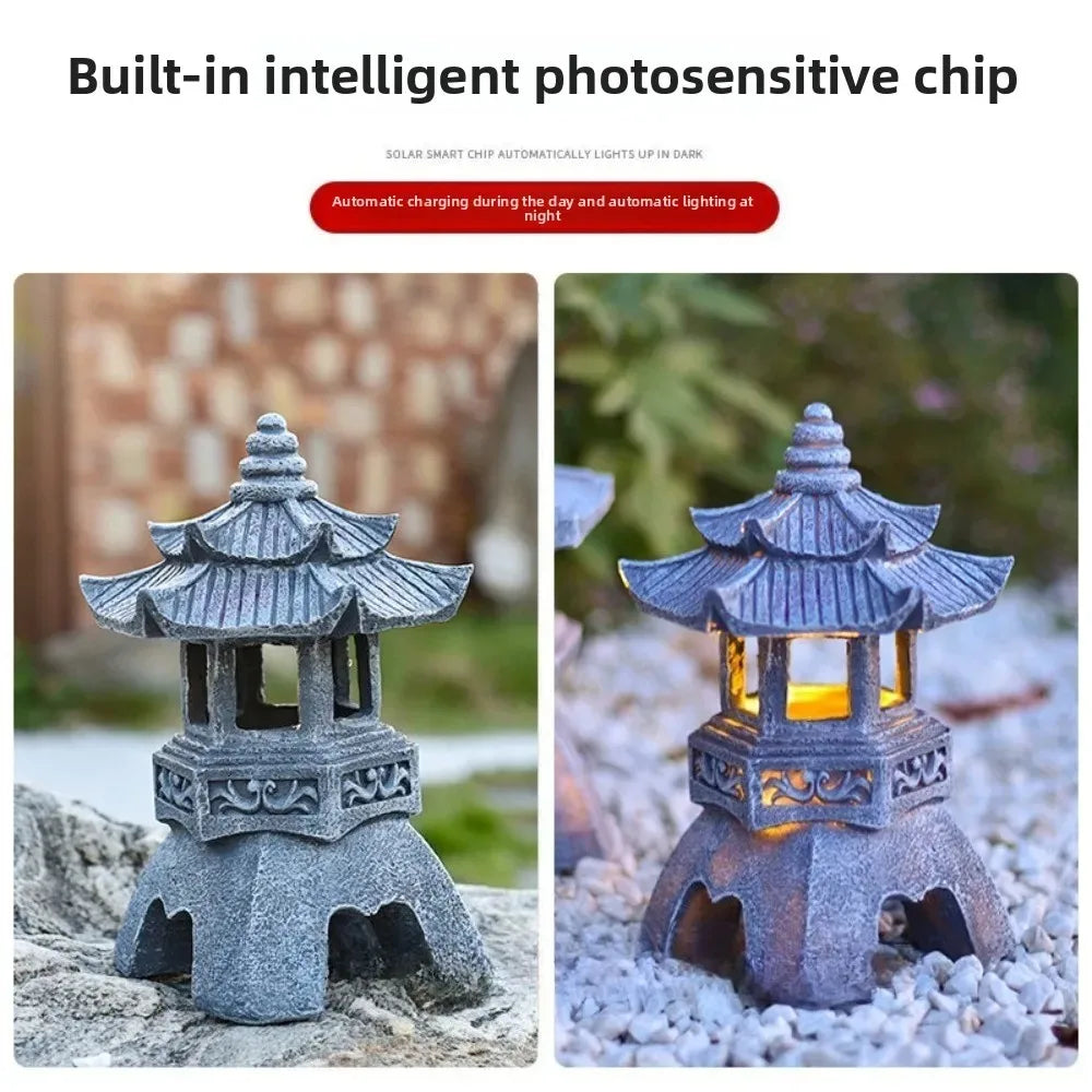 Solar Powered Oriental Stone Pagoda Lantern Light – Zen Palace Sculpture Garden Statue – Weatherproof Outdoor Resin Tower Lamp Ornament for Patio, Lawn, Pathway & Yard