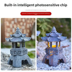 Solar Powered Oriental Stone Pagoda Lantern Light – Zen Palace Sculpture Garden Statue – Weatherproof Outdoor Resin Tower Lamp Ornament for Patio, Lawn, Pathway & Yard