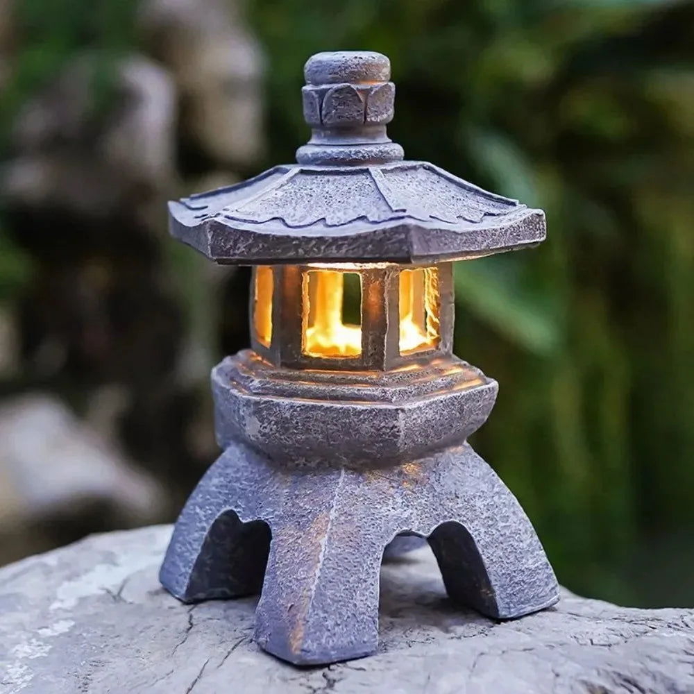 Solar Powered Oriental Stone Pagoda Lantern Light – Zen Palace Sculpture Garden Statue – Weatherproof Outdoor Resin Tower Lamp Ornament for Patio, Lawn, Pathway & Yard