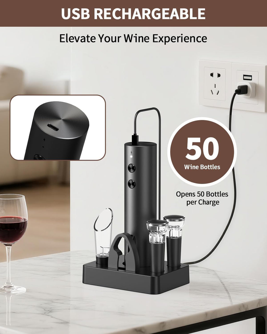 6-in-1 Rechargeable Electric Wine Opener Set – Cordless Automatic Corkscrew with Storage Base, Pourer & Vacuum Stoppers