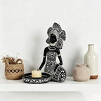 African Woman Candle Holder Statue – Ethnic Style Candlestick Sculpture – Resin Tribal Figurine Tabletop Centerpiece & Desktop Decor Art Craft Gift for Living Room & Home Accent