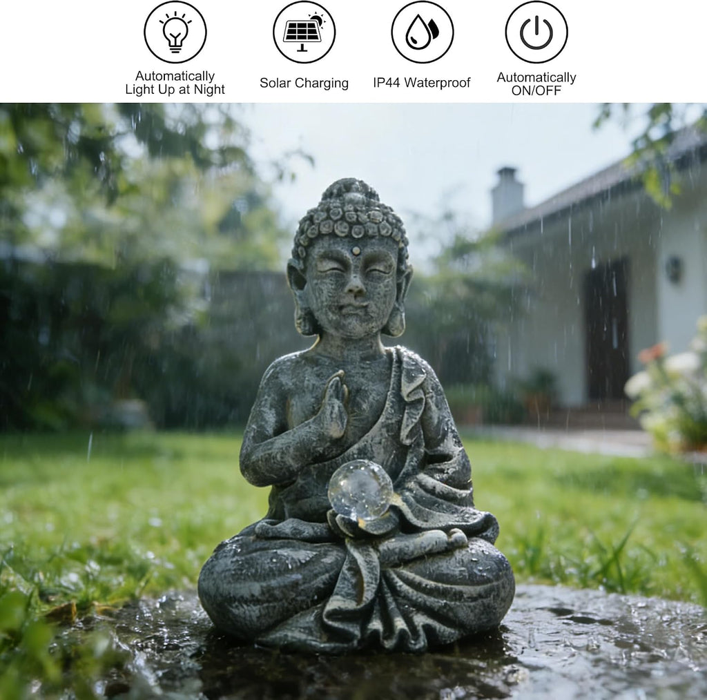 Sitting Meditating Buddha Statue with Solar Light - Weatherproof Outdoor Zen Garden Decor Sculpture - Peaceful Figurine for Patio, Yard, Balcony & Housewarming Gift