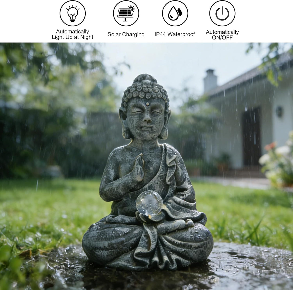 Sitting Meditating Buddha Statue with Solar Light - Weatherproof Outdoor Zen Garden Decor Sculpture - Peaceful Figurine for Patio, Yard, Balcony & Housewarming Gift