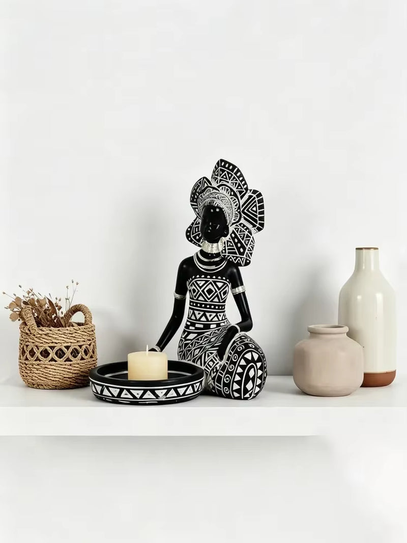 African Woman Candle Holder Statue – Ethnic Style Candlestick Sculpture – Resin Tribal Figurine Tabletop Centerpiece & Desktop Decor Art Craft Gift for Living Room & Home Accent