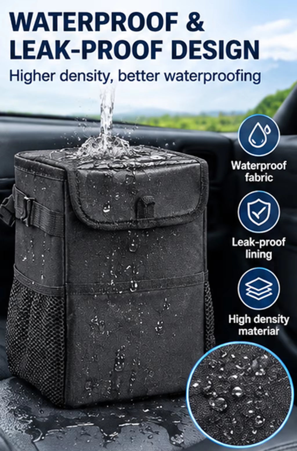 Waterproof Car Trash Can & Storage Bag - Portable Removable Vehicle Garbage Bin with Hanging Strap & Storage Pockets – Car Accessories & Road Trip Gift for Drivers
