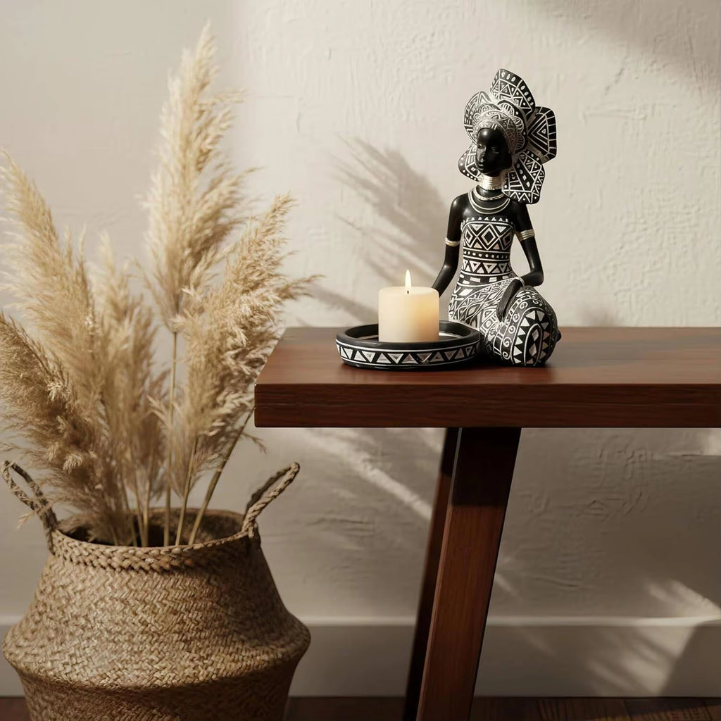 African Woman Candle Holder Statue – Ethnic Style Candlestick Sculpture – Resin Tribal Figurine Tabletop Centerpiece & Desktop Decor Art Craft Gift for Living Room & Home Accent