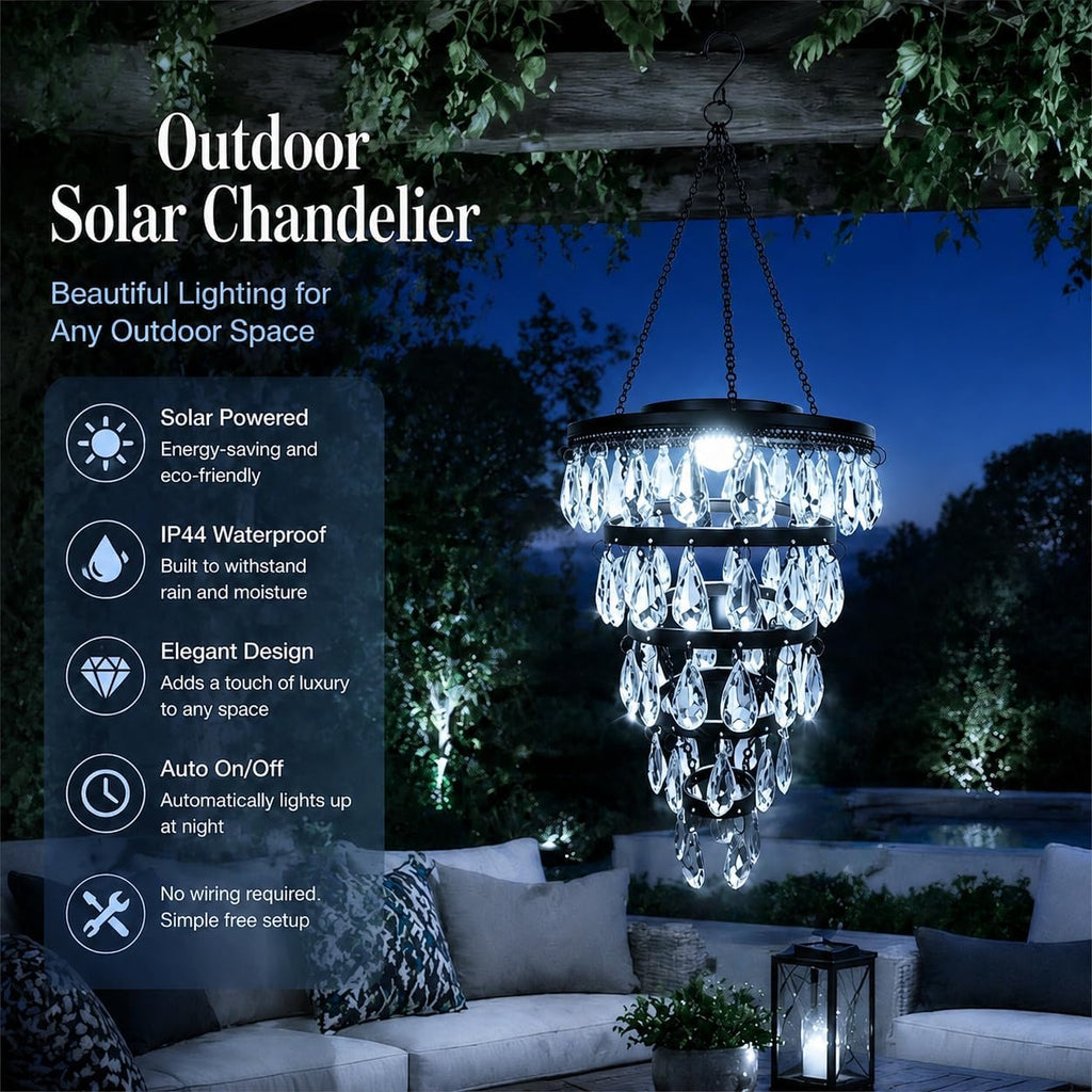 Hanging Solar Chandelier Light Outdoor Waterproof – LED Solar Pendant Light – Decorative Hanging Overhead Solar Lamp for Gazebo, Pergola, Patio, Porch & Garden