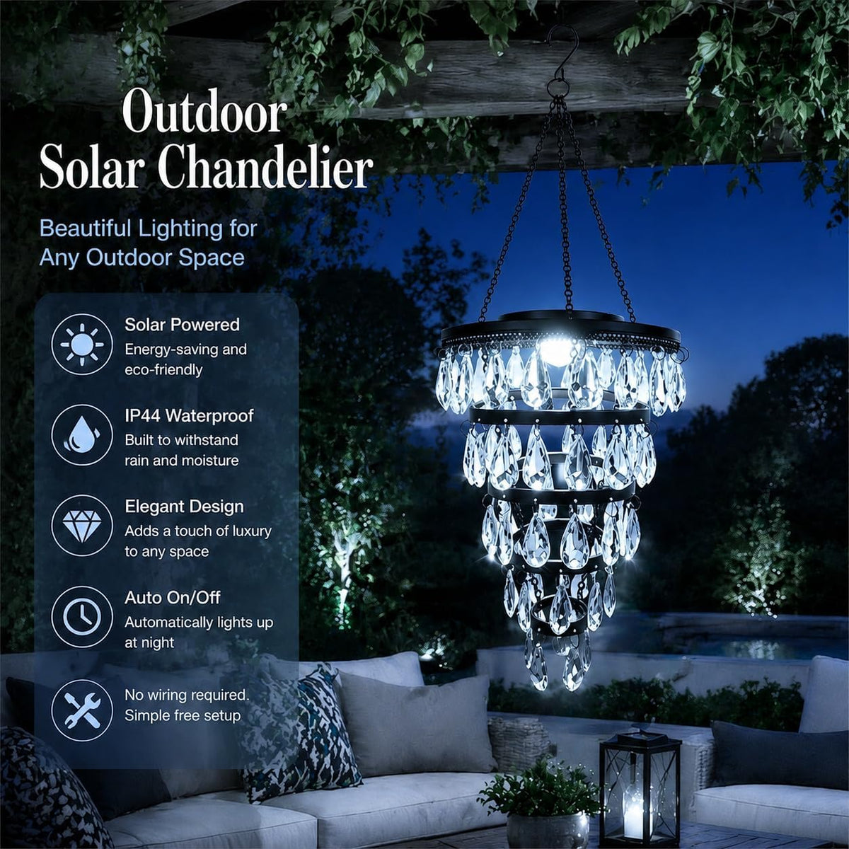 Hanging Solar Chandelier Light Outdoor Waterproof – LED Solar Pendant Light – Decorative Hanging Overhead Solar Lamp for Gazebo, Pergola, Patio, Porch & Garden