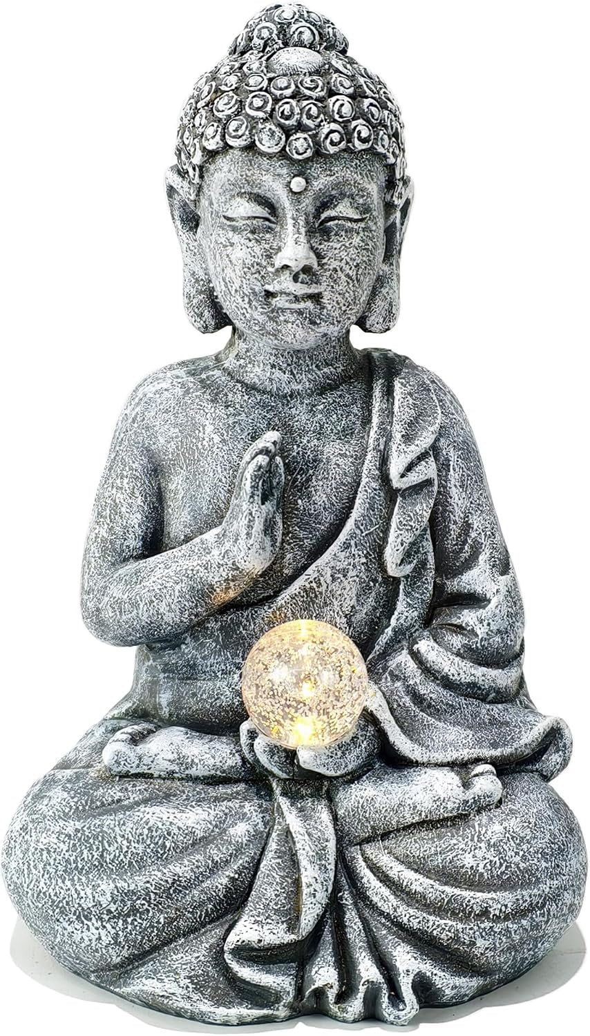 Sitting Meditating Buddha Statue with Solar Light - Weatherproof Outdoor Zen Garden Decor Sculpture - Peaceful Figurine for Patio, Yard, Balcony & Housewarming Gift