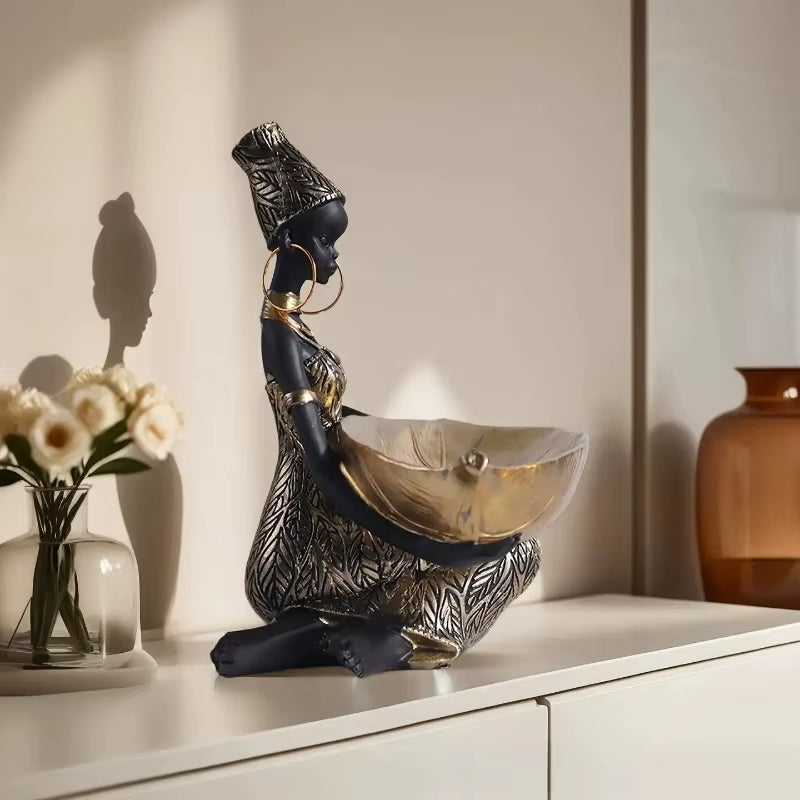 African Girl Holding a Plate Sculpture – Home and Office Decorative Storage Ornament – Vintage Collectible Craft Desk Decor Key Tray & Jewelry Holder Resin Figurine