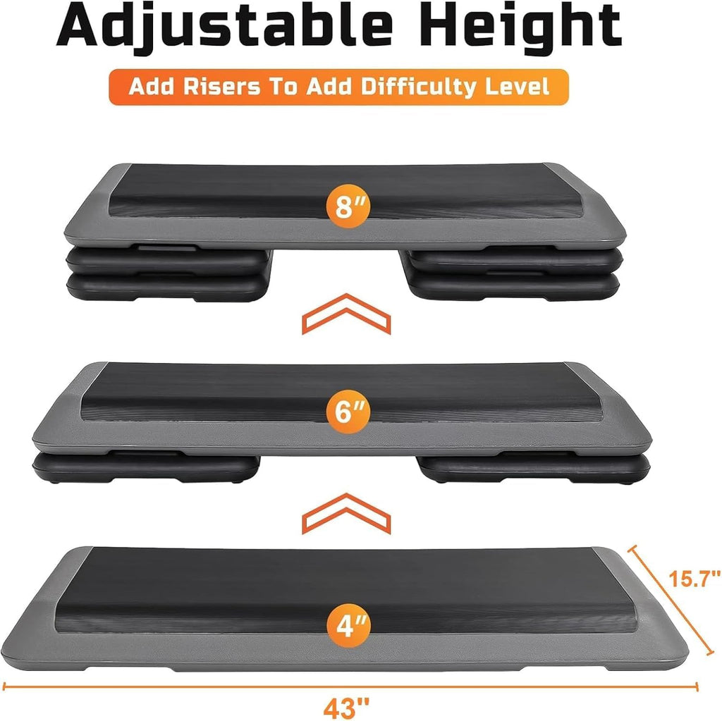 43'' Exercise Aerobic Step Platform, Adjustable Fitness Stepper with 4 Stackable Risers, Aerobics Stepper Workout Stepper for Home Gym Cardio Strength & Training