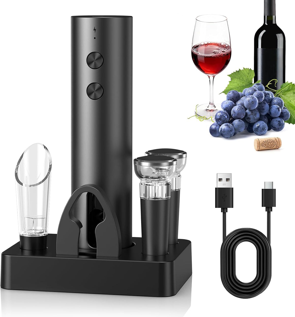 6-in-1 Rechargeable Electric Wine Opener Set – Cordless Automatic Corkscrew with Storage Base, Pourer & Vacuum Stoppers