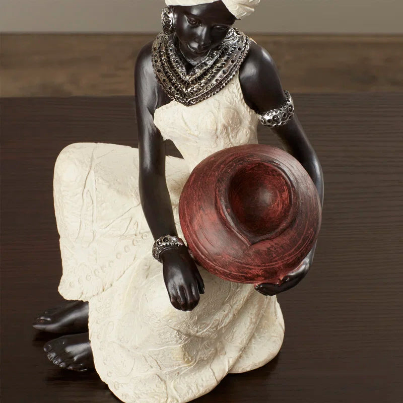 Sitting African Woman Sculpture with Red Water Pot