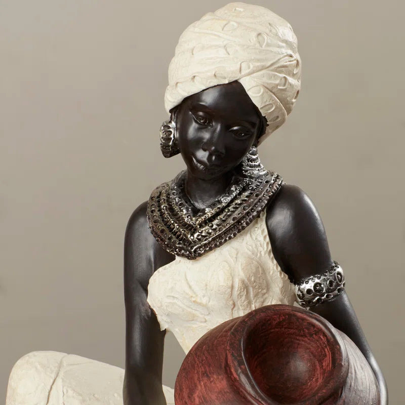 Sitting African Woman Sculpture with Red Water Pot
