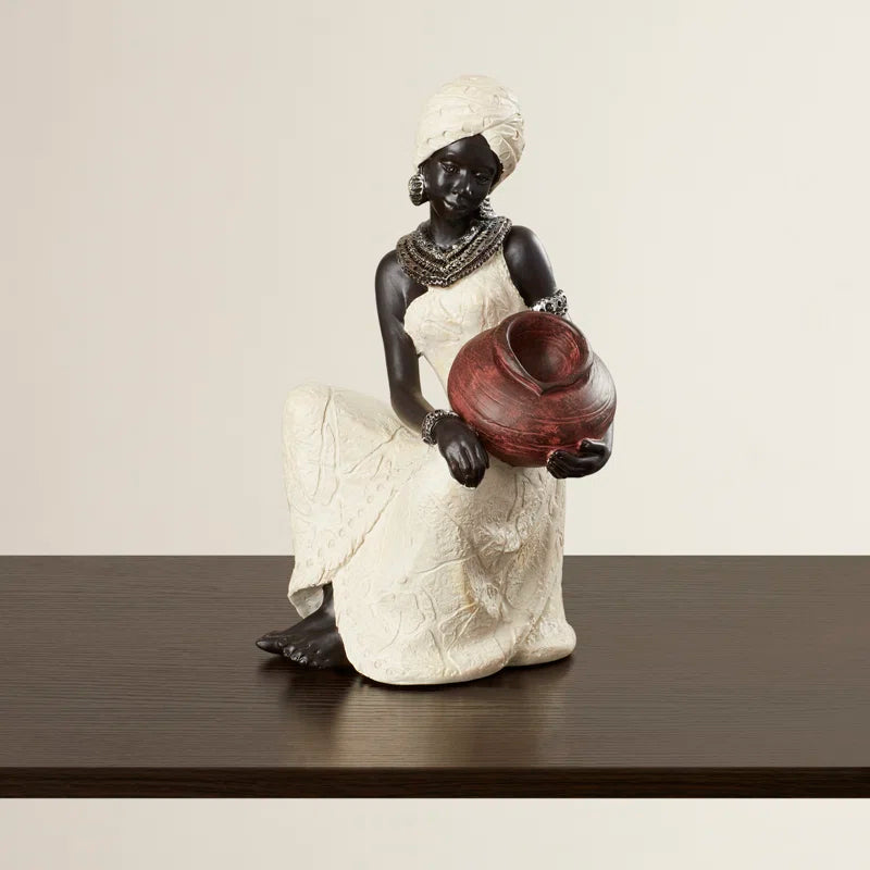 Sitting African Woman Sculpture with Red Water Pot
