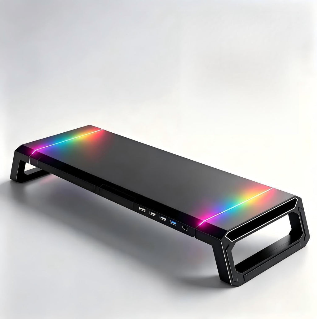 Adjustable RGB Monitor Stand – Ergonomic Desk Riser with Built-In USB Hub & Storage Drawer
