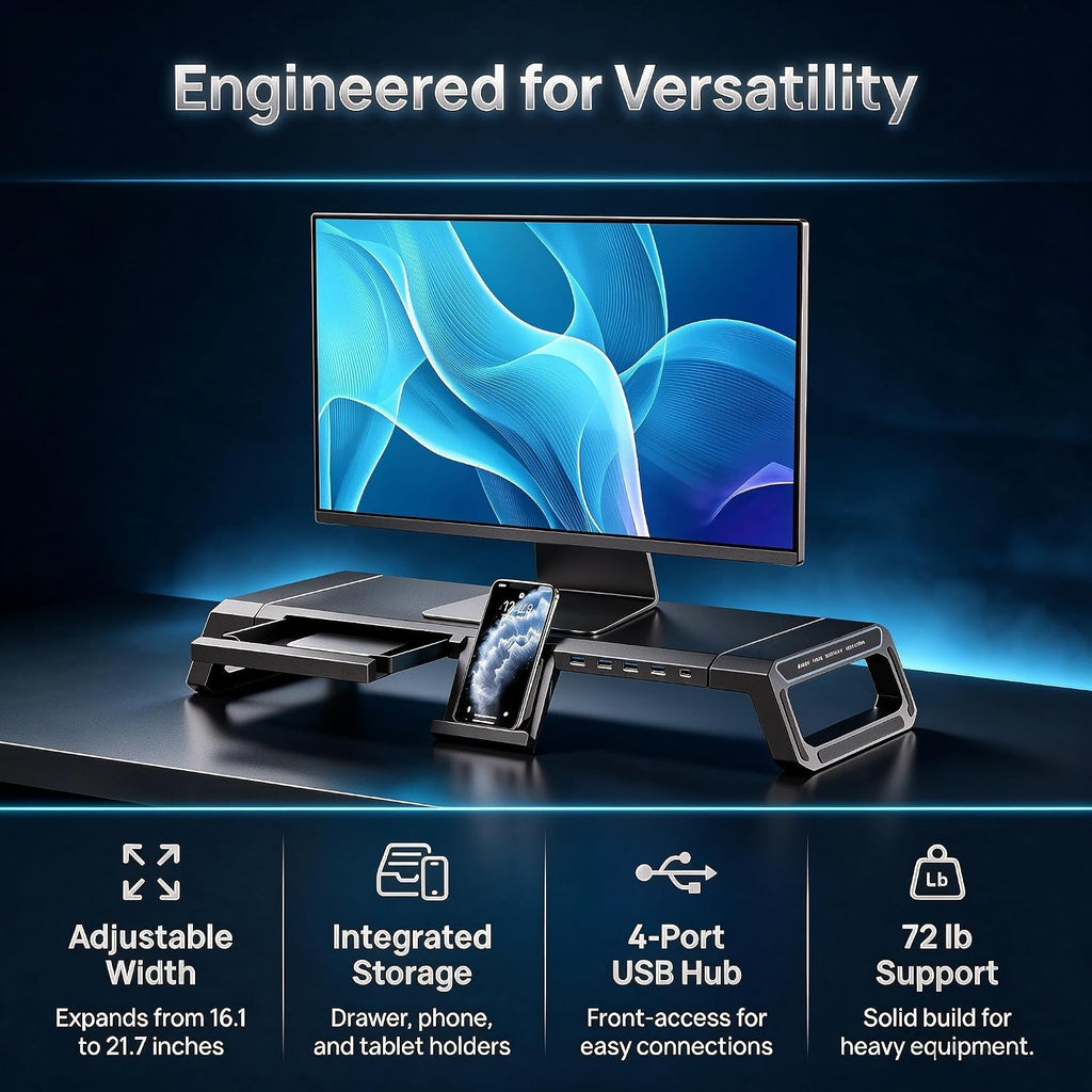 Adjustable RGB Monitor Stand – Ergonomic Desk Riser with Built-In USB Hub & Storage Drawer