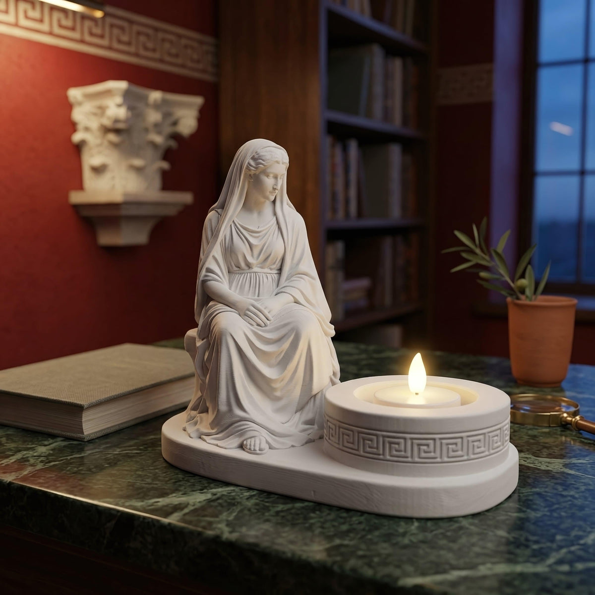 Hestia Goddess LED Tealight Holder - 3D Printed Classical Greek Statue Candle Stand - Hearth & Home Devotional Altar Sculpture for Flameless Tea Lights & Spiritual Decor