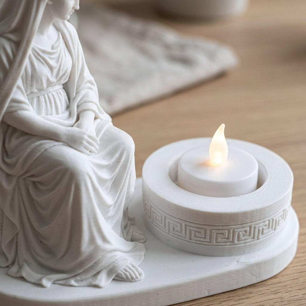 Hestia Goddess LED Tealight Holder - 3D Printed Classical Greek Statue Candle Stand - Hearth & Home Devotional Altar Sculpture for Flameless Tea Lights & Spiritual Decor