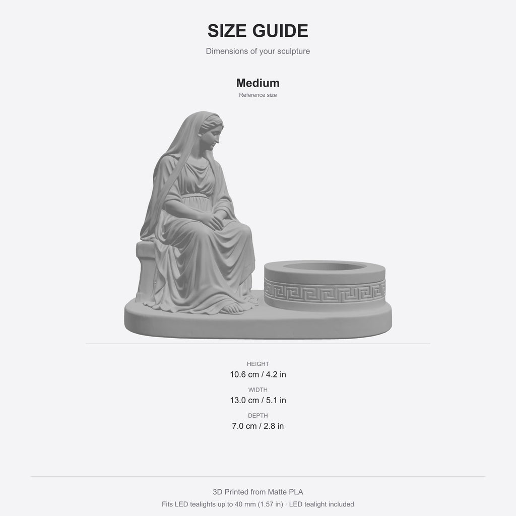 Hestia Goddess LED Tealight Holder - 3D Printed Classical Greek Statue Candle Stand - Hearth & Home Devotional Altar Sculpture for Flameless Tea Lights & Spiritual Decor