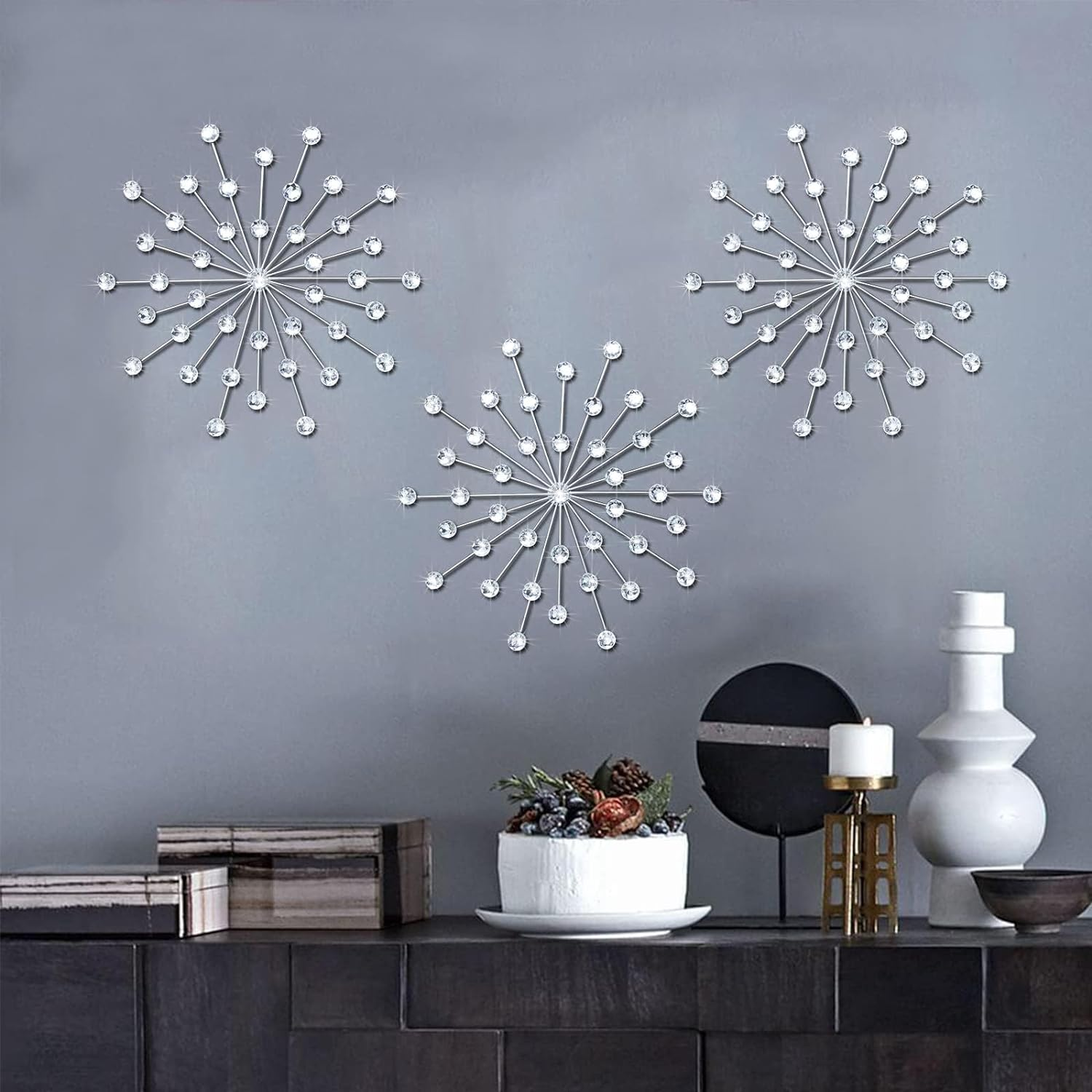 3-piece Silver Metal Jeweled Wall Art Set